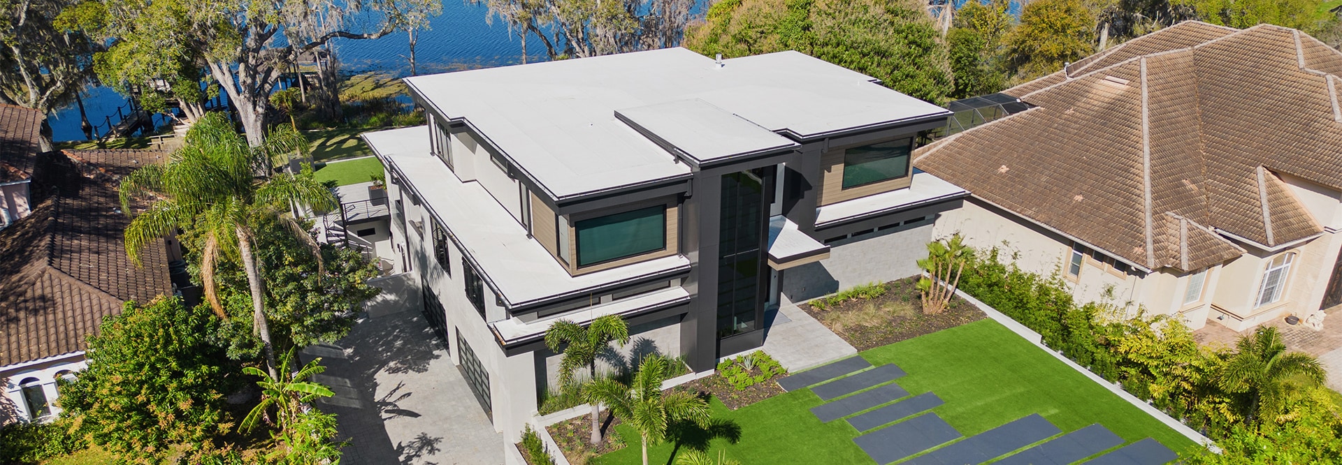 Aerial view of Lake Sheen Estate home featuring GAF TPO roofing materials
